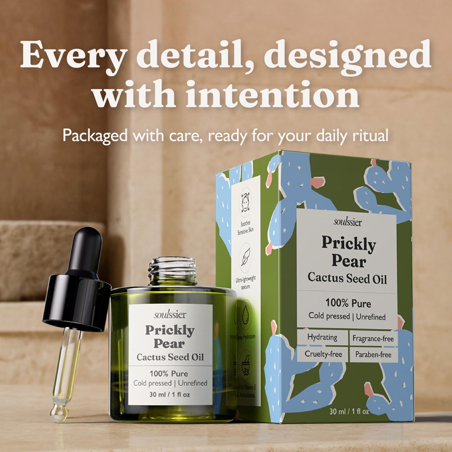 Soulssier Prickly Pear Seed Oil – 100% Pure, Fragrance-Free, Extra Virgin, Cold Pressed & Unrefined | Face Oil for Skin, Hair & Nails | Dry, Sensitive & Mature Skin Deeply Hydrating | 1 oz
