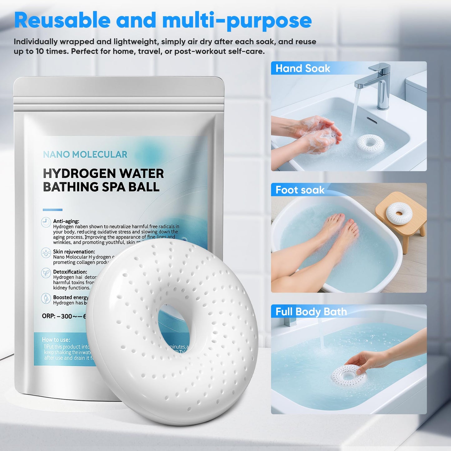 Hydrogen Bath Ball Tablets Bombs for Muscle & Stress Relief – H2 Molecular Hydrogen Bombs for Spa & Hydrogen-Rich Water Soaking, Reusable Design for Full Body, Foot, or Hand Bath