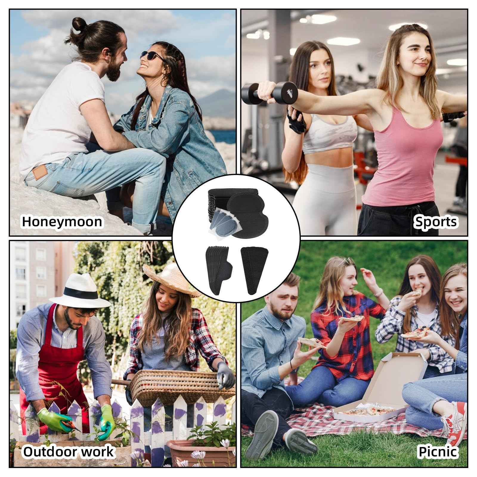 140Pcs Black Sweat Pads for Under Arms, Hat Sweat Liner, Shirt Collar Protection, Large Armpit Sweat Pads for Women, Disposable Underarm Sweat Pad (1Pack/100P+20P+20P)