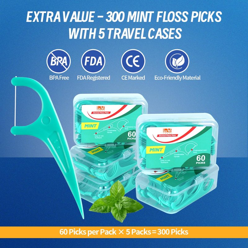 LAOYE Floss Picks, 300 Count Mint Dental Floss Picks, Toothpicks with 5 Travel Cases for Extra Convenience, Helps Prevent Cavities, Remove Plaque & Freshen Breath, Premium Floss Sticks for Family
