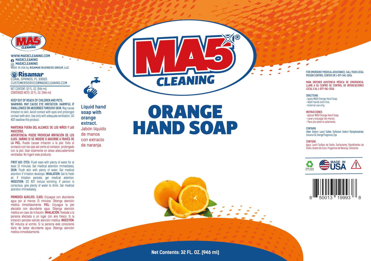 MA5x Cleaning Orange Liquid Hand Soap | General Purpose Hand Cleaner with Orange Extract | 32oz Bottle | Pack of 2