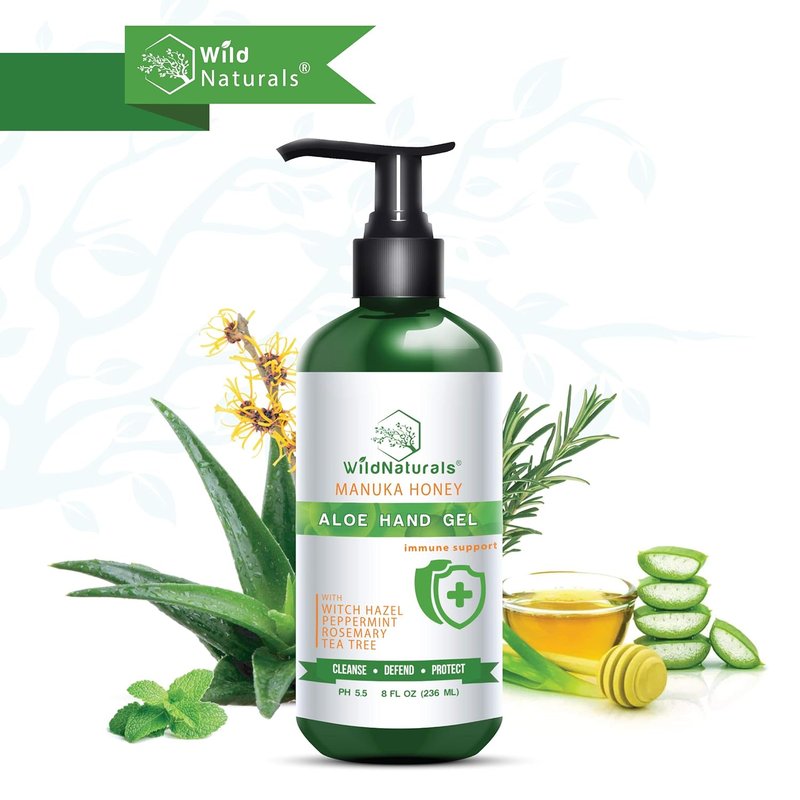 Wild Naturals Aloe Vera Gel Hand Cleaner - Organic Waterless Wash with Manuka Honey & Essential Oils | 8 oz