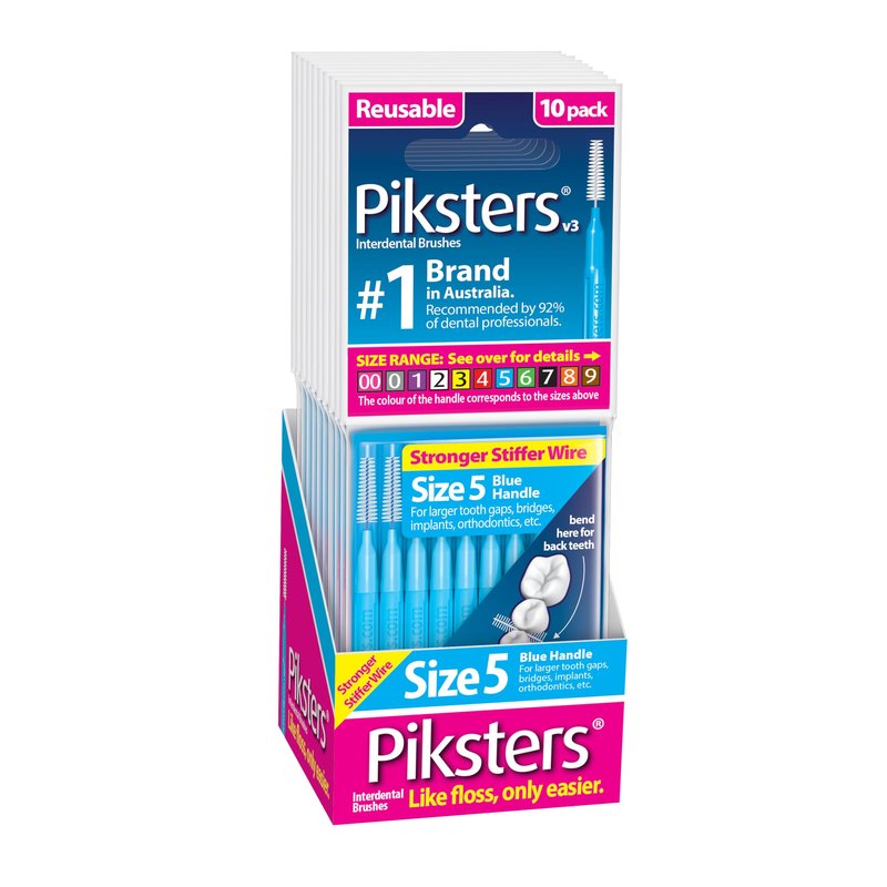 Piksters Interdental Brushes, Size 5, 100 Count (10 x 10 Packs), Interdental Tooth Brush for Large Gaps, Gum Soft Bristles for Plaque Removal, Safe for Braces (100 pk)