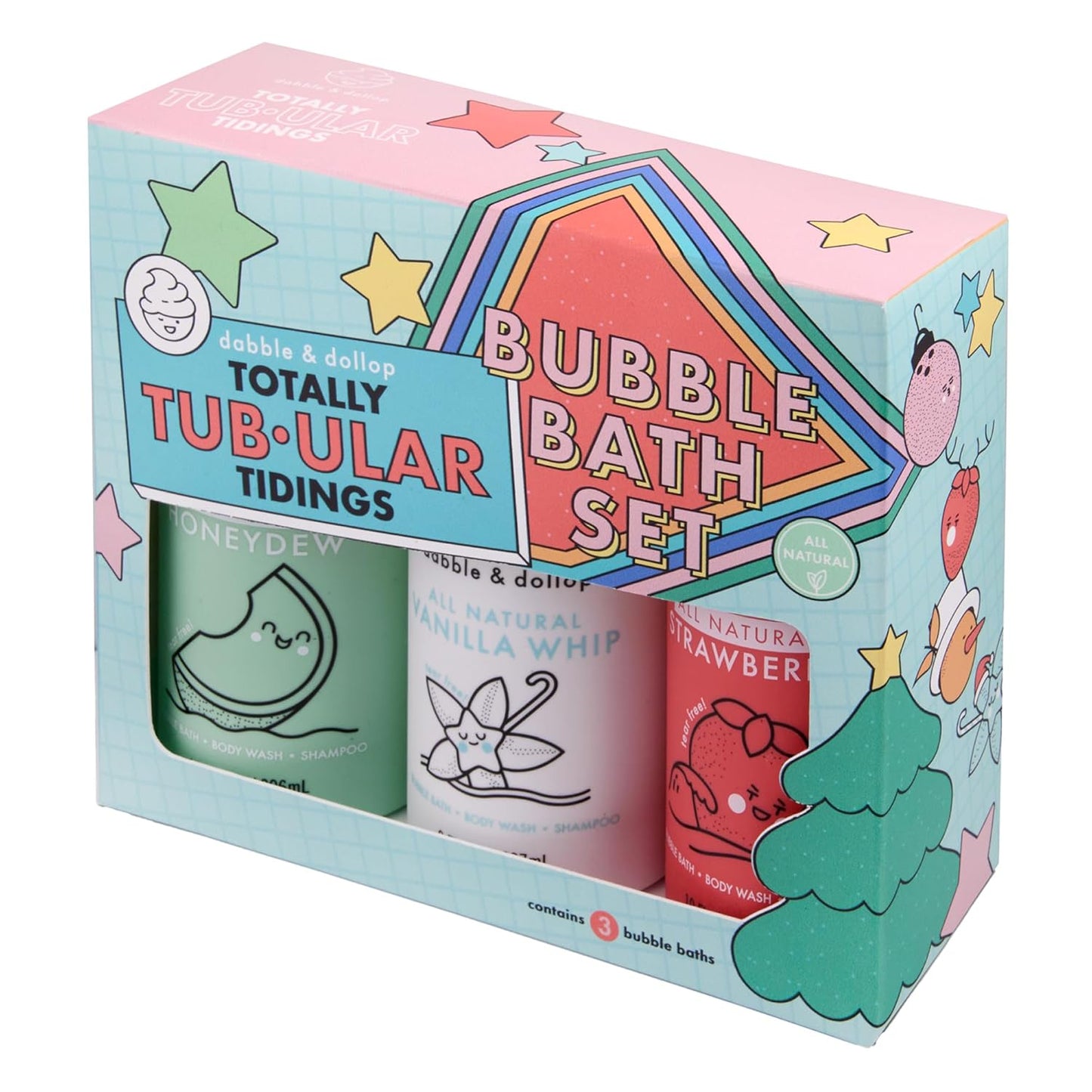 Totally Tub-ular Tidings Bubble Bath Set | 3-in-1 Mixable Bubble Bath, Body Wash & Shampoo - Strawberry, Honeydew & Vanilla