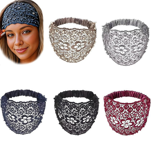 Lace Headbands for Women, 5Pcs Set Boho-chic Crystal & Pearl Embellished Wide Headbands for Women – Luxury Hair Accessories, Ideal for Weddings, Vacations & Daily Styling (Multi color) (5 Pcs)