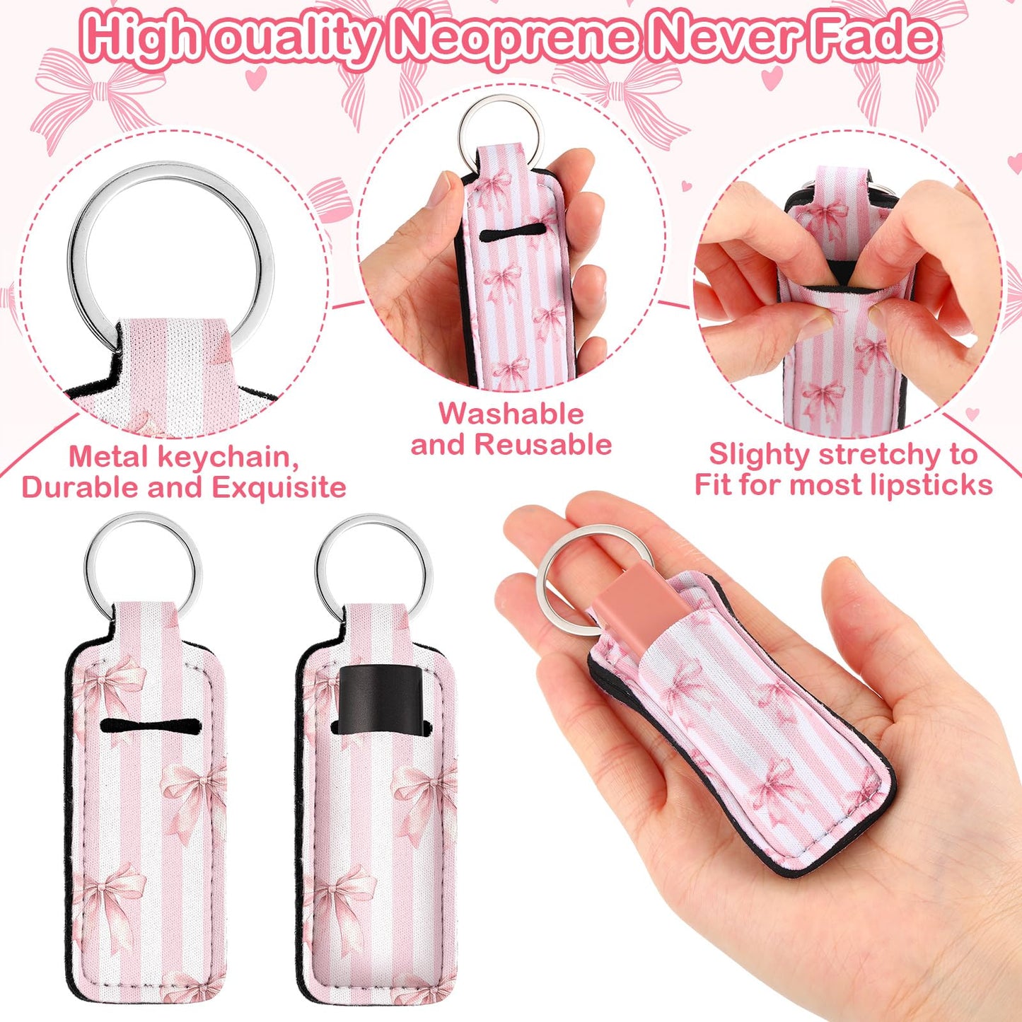 Quelay 40 Pcs Pink Lipstick Holder Keychain Bulk Preppy Bow Lip Gloss Sleeve Lip Balm Holder Gifts for Women(Bow Bear)