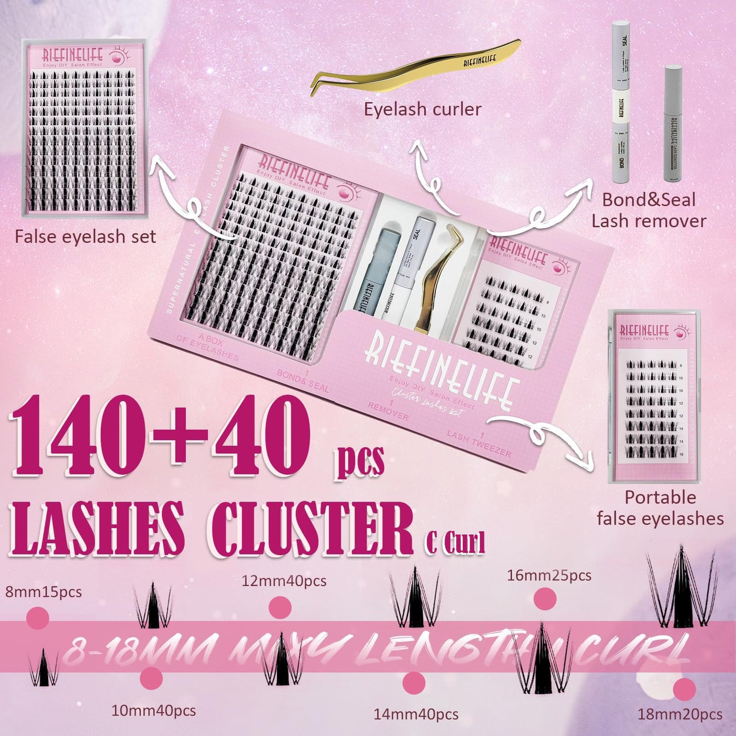 Lash Clusters Kit Manga Eyelash Clusters Kit, 8-18mm DIY Volume Eyelash Extensions, 208pcs C+D Curl Fluffy Individual False Lashes Waterproof Thin Band Salon 150-Hour Wear with Bond Seal Tweezers