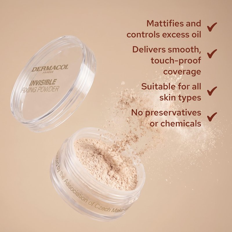 Dermacol - Invisible Fixing Face Powder, Touch-proof Translucent Setting Powder for Oily Skin & Other Skin Types, Loose Powder Makeup, Frangrance-Free Matte Powder with Powder Puff, Light, 13.5 g