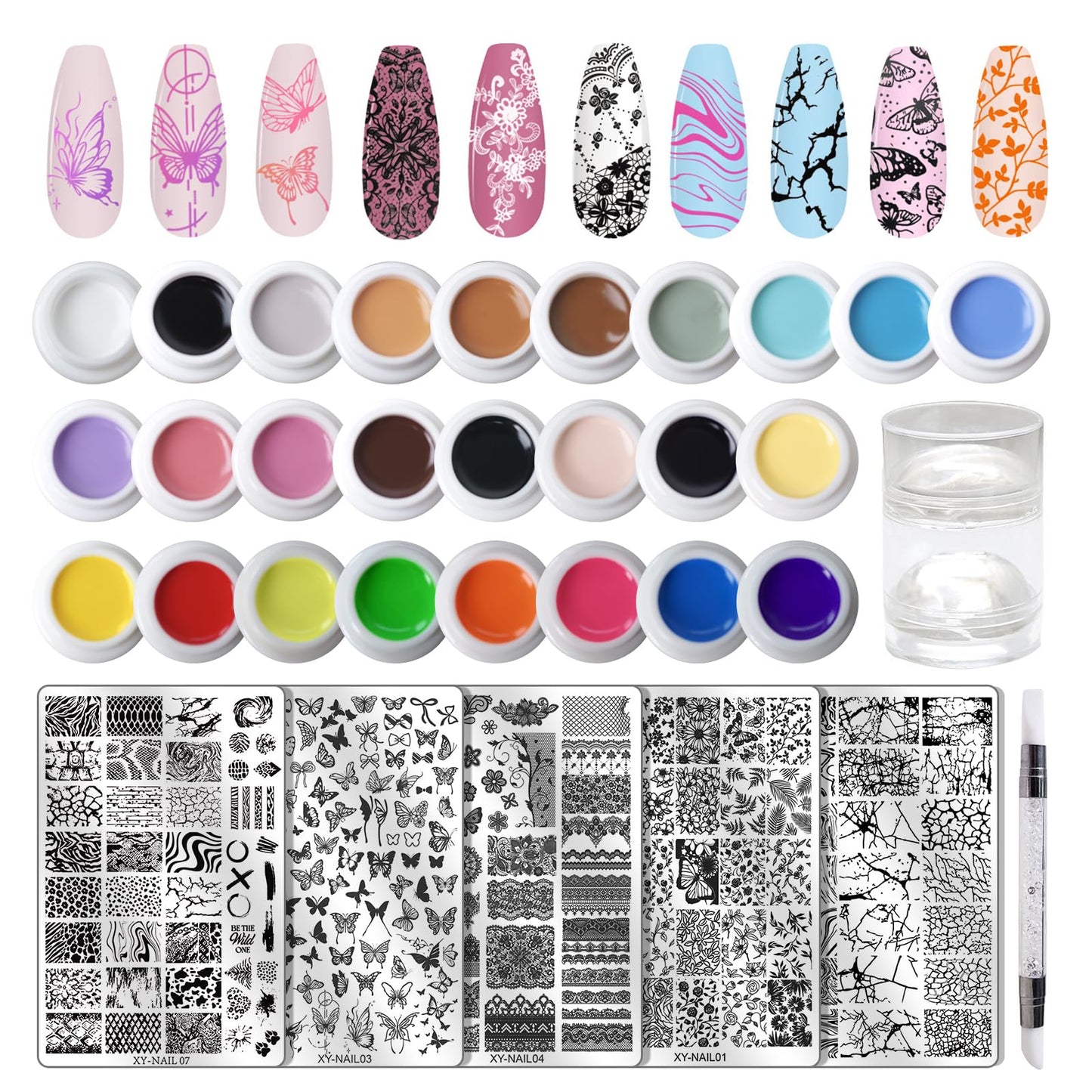 RUNBBY Nail Art Stamping Kit - 26 Color Gels with 5 Stainless Steel Plates, Dual-Ended Silicone Stamper & Scraper - DIY Nail Design Set for Beginners and Pros