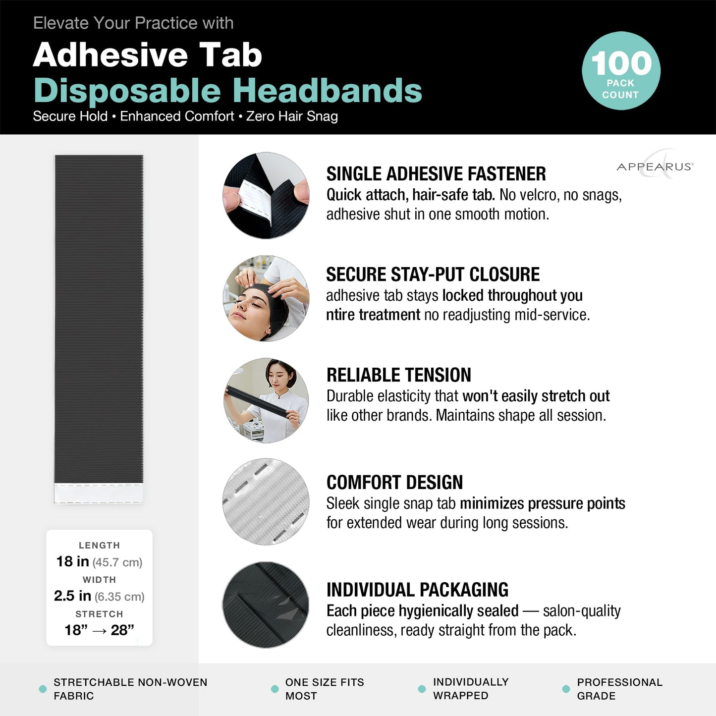 APPEARUS 100 Ct. Disposable Spa Facial Headbands with Convenient Closure (Black)
