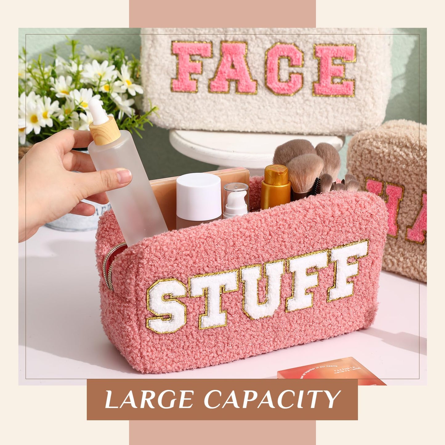 Paterr 4 Pcs Chenille Letter Preppy Patches Makeup Pouch Bag Plush Fuzzy Makeup Pouch Hair Skin Face Stuff Bag Cute Cosmetic Purse Zipper Travel Toiletry for Wedding Birthday Gifts(Pink Brown Colors)