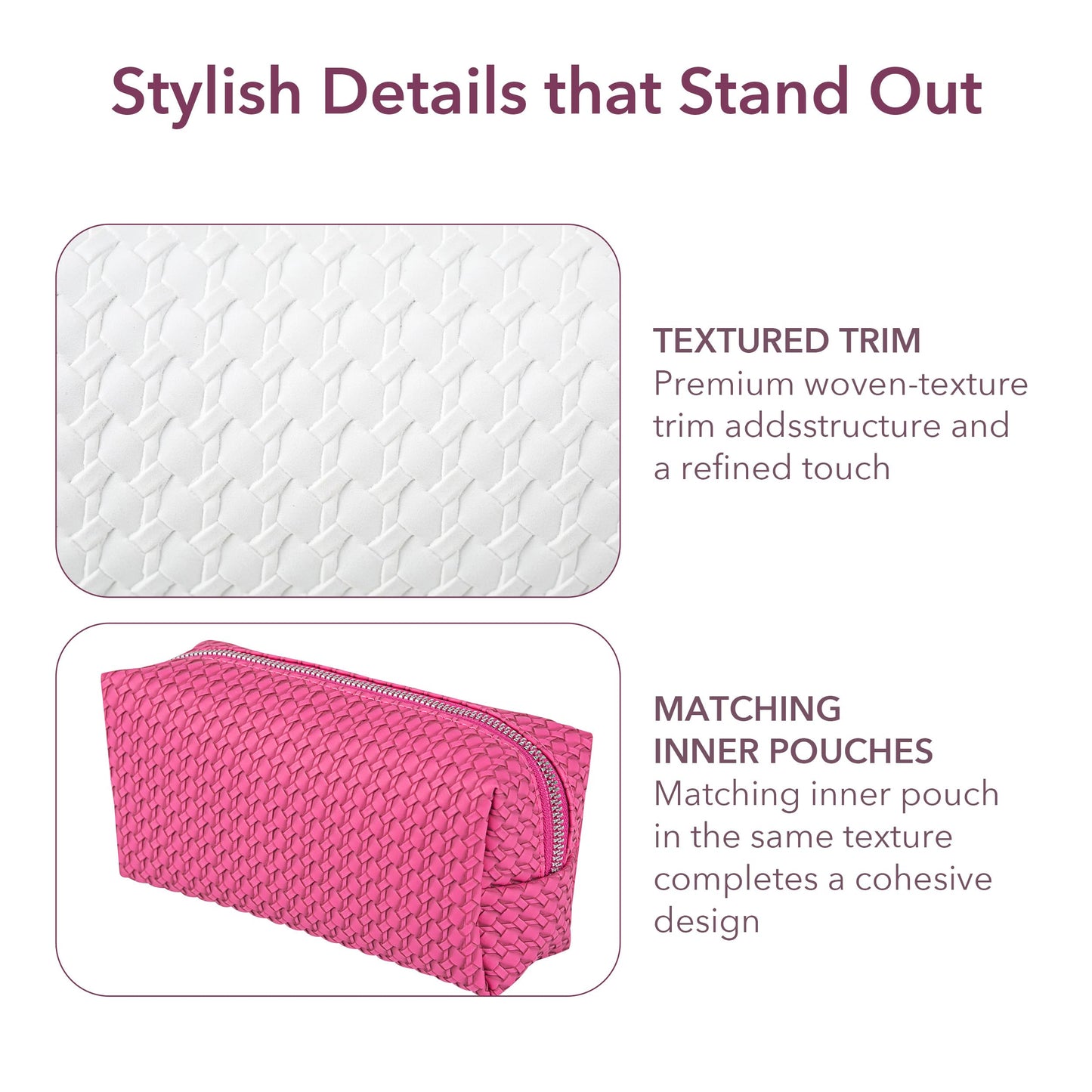 Sylune 3-in-1 Clear Toiletry Bag Set – Waterproof Travel Makeup Organizer with Textured Pouches, Transparent Cosmetic Case for Women (Pink)