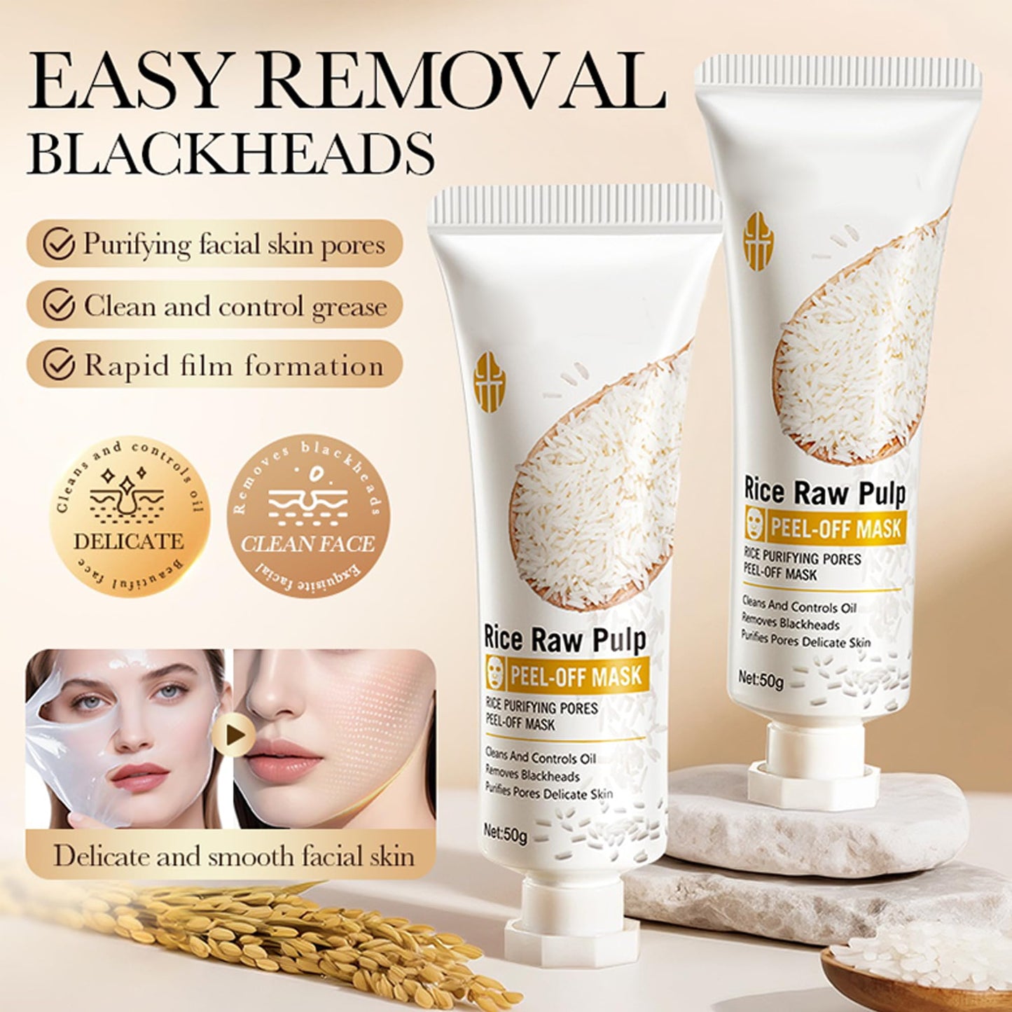 DLZZRS Rice Raw Pulp Peel-Off Mask, Purifying Pores Peel-Off Mask, Deeply Clean & Controls Oil, Removes Blackheads, Purifies Pores Delicate Facial Skin, Hydrolyzed Rice extract, 1.76 oz.