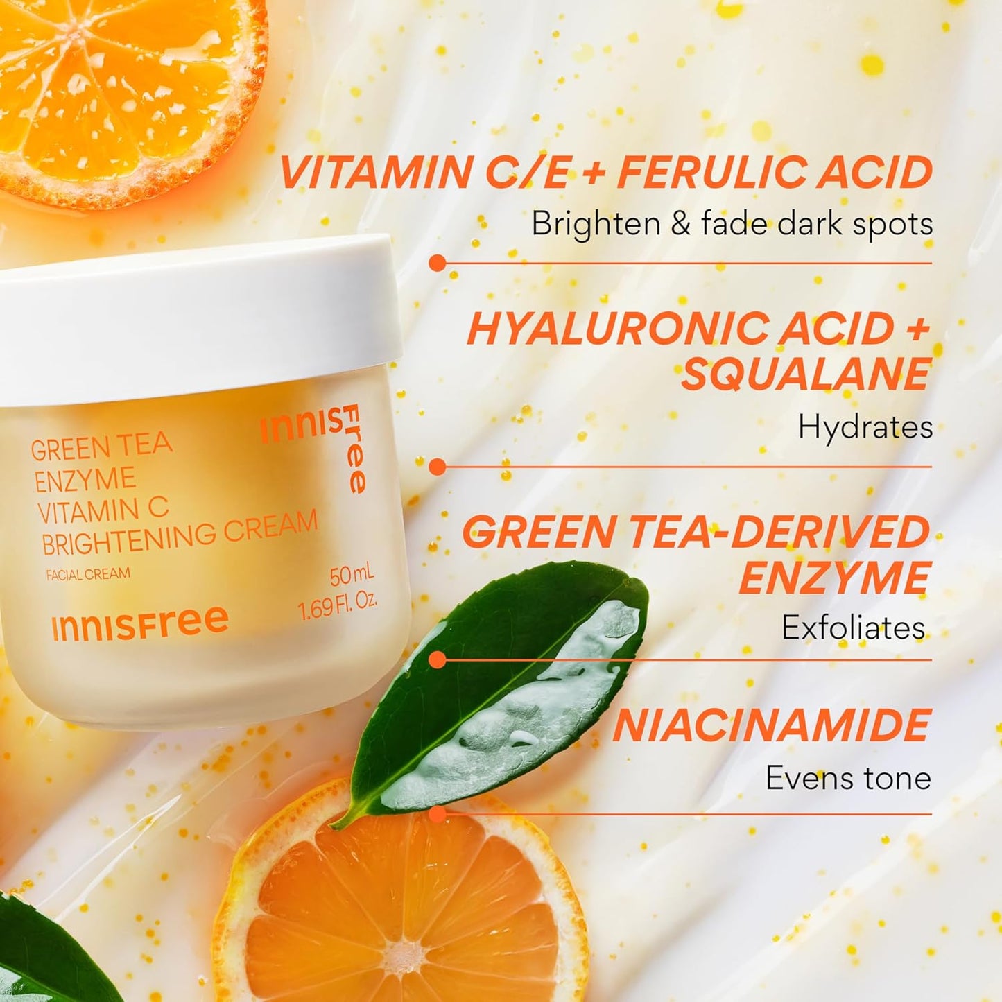 Innisfree Green Tea Enzyme Vitamin C Cream - Brightening Korean Face Moisturizer for Dark Spots & Radiant Skin