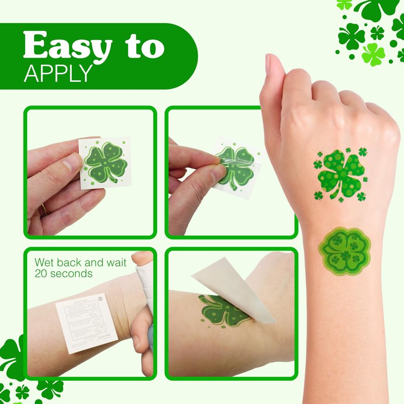 4E's Novelty 72 Shamrock Temporary Tattoos Individually Wrapped Bulk, St Patricks Day Tattoos for Kids, Party Favors for Kids Gifts Adults Face Stickers Saint Pattys Irish Parade Green Accessories