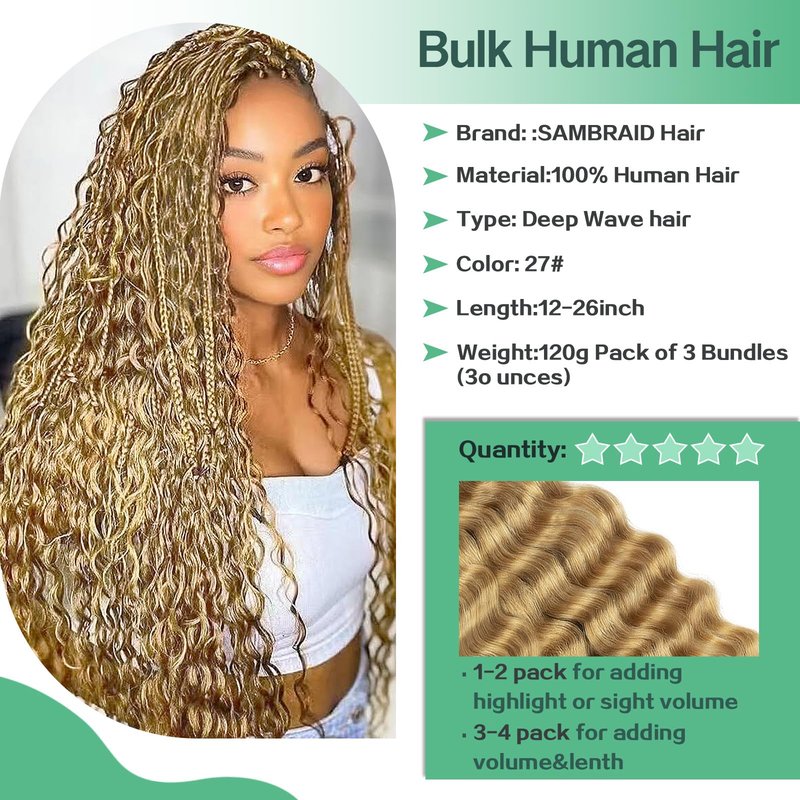 Human Braiding Hair for Boho Braids 120g 3 Bundles Deep Wave Curly Bulk Human Hair for Braiding Knotless Bohemian Natural Color (1B, 24 Inch)