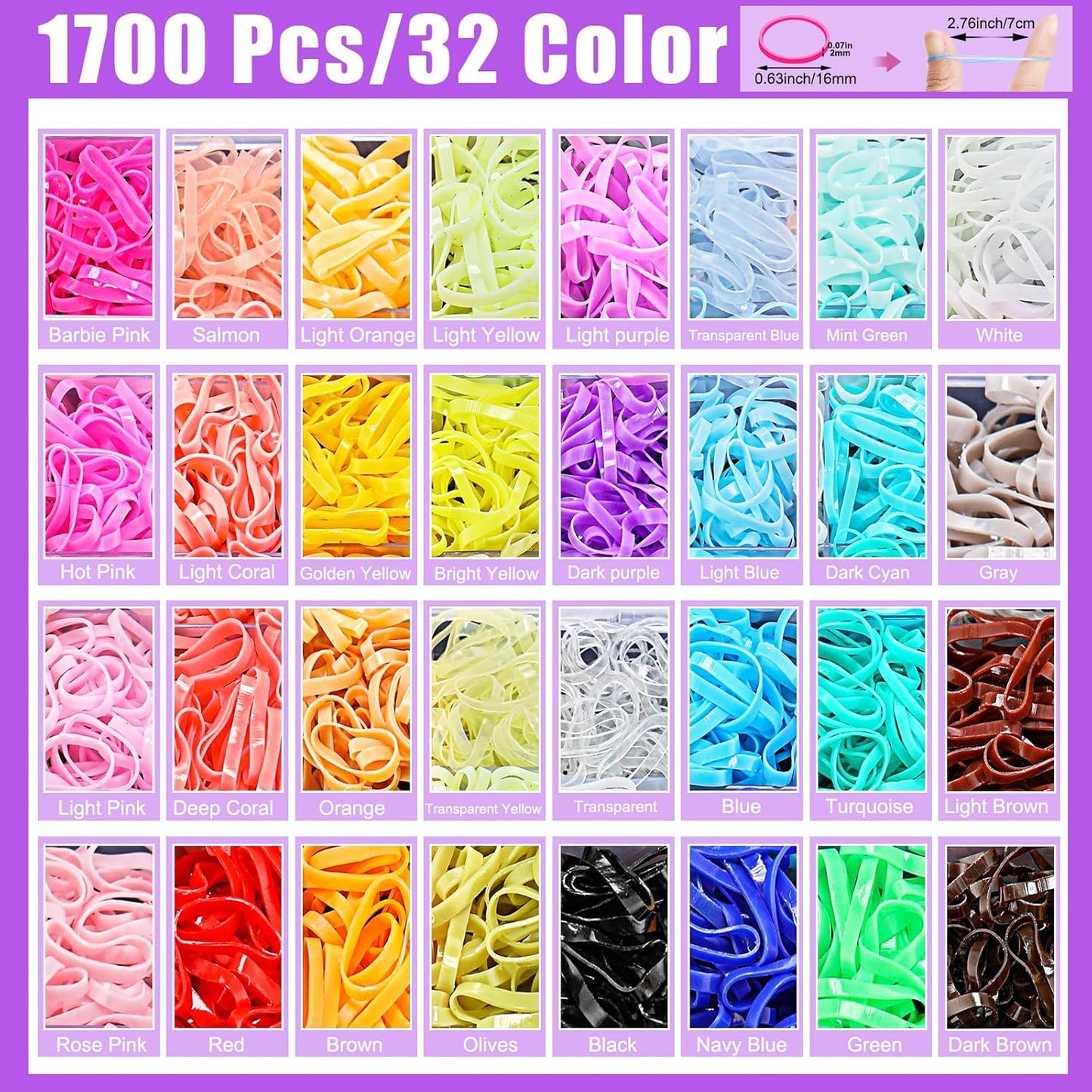 32 Colored Elastic Ties, 1700 Pieces Rubber Bands With 14 Styling Tools, Hair Tie Cutter and Accessories for Girls, Baby, Toddler, Kids