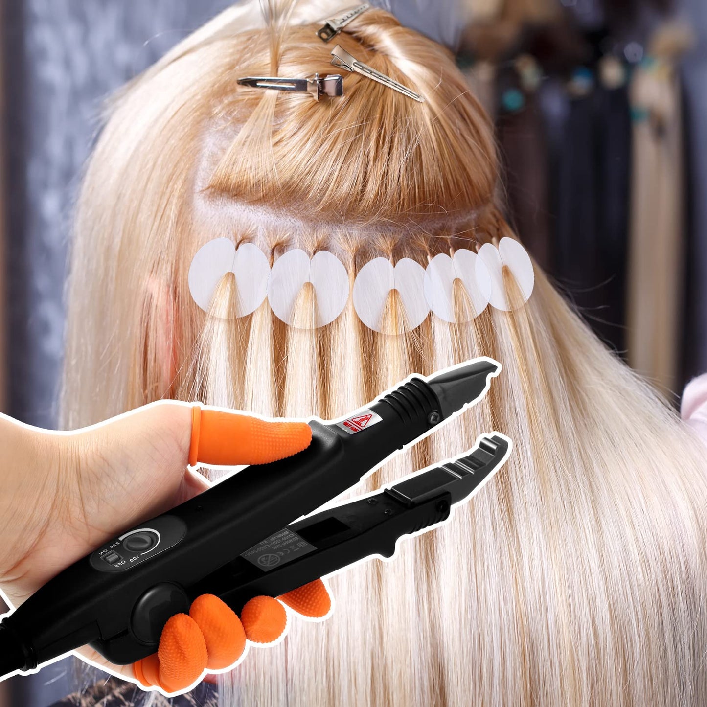 Lanties Hair Extensions Iron Fusion Keratin Hair Extensions Heat Tool Heat Connector Wand with Fusion Glue Protector Template Hair Clip Finger Protector 2 Bag Keratin Glue Granule Bead(Black)