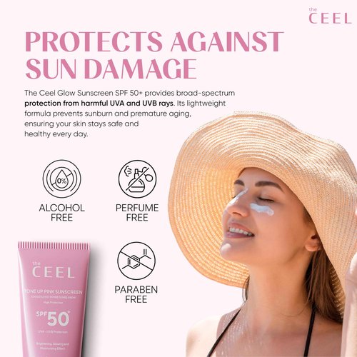 The Ceel Pink Tone Up Sunscreen for Face with SPF 50+ & Hyaluronic Acid - Brightening, Glowing & Moisturizing Facial Primer with Calamine & Vitamin B5 for All Skin Type - Paraben & Perfume Free - 50ml