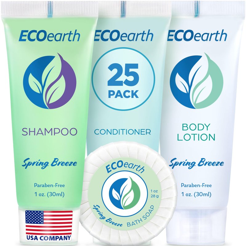EcoEarth Hotel Toiletries Bundle (Spring Breeze, 1 oz each, 100 Pieces) 4-Piece Set: 25 Round Bar Soap, 25 Shampoo, 25 Conditioner & 25 Body Lotion - Bulk Mini Guest Amenities