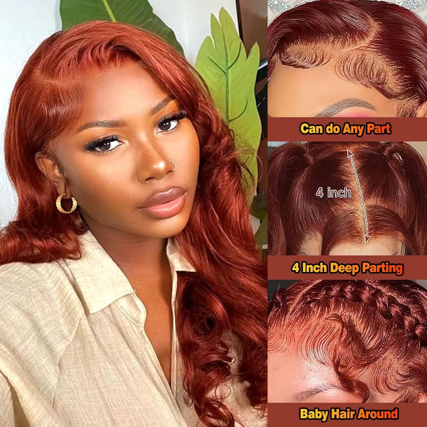Reddish Brown Body Wave Closure 4x4 HD Transparent Swiss Lace 12a 100% Unprocessed Brazilian Virgin Remy Human Hair 150% Density Free Part Pre Plucked With Baby Hair Color #33 16 Inch