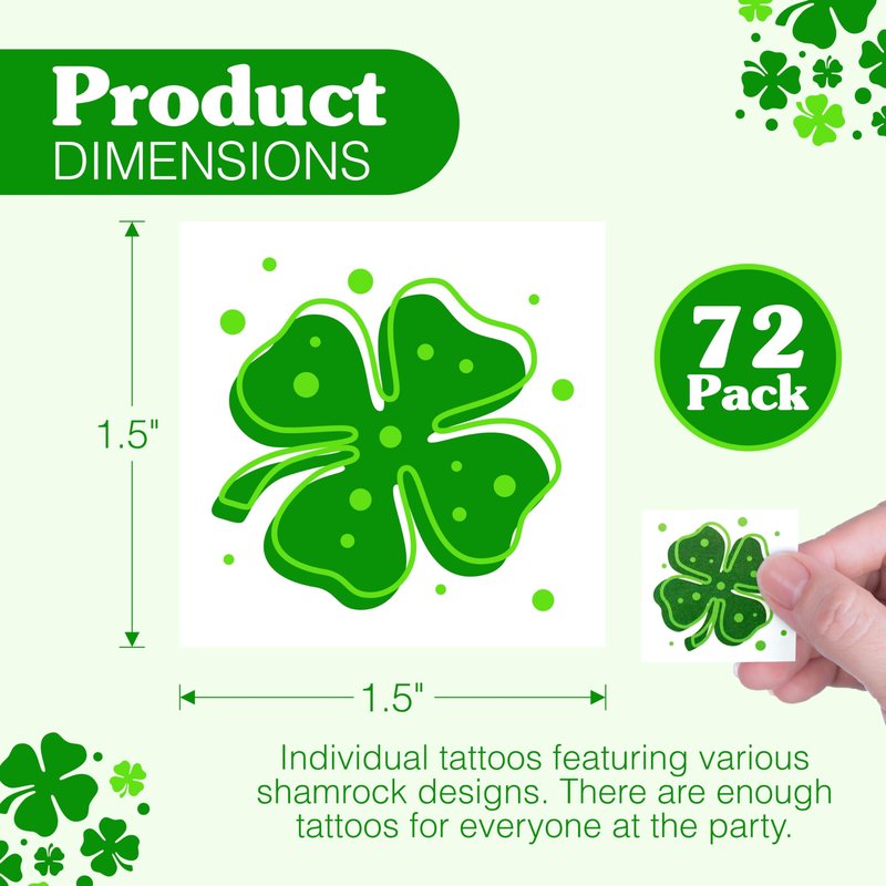 4E's Novelty 72 Shamrock Temporary Tattoos Individually Wrapped Bulk, St Patricks Day Tattoos for Kids, Party Favors for Kids Gifts Adults Face Stickers Saint Pattys Irish Parade Green Accessories