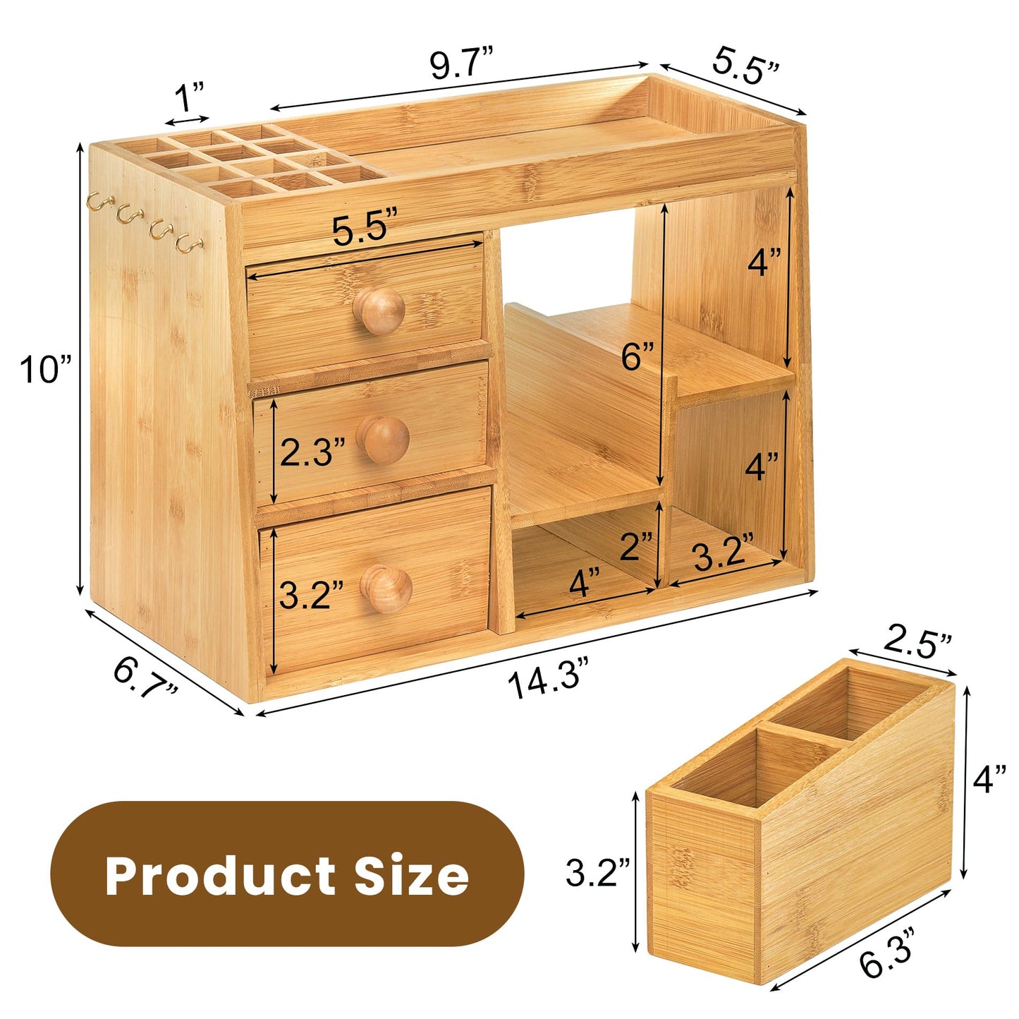 Elsjoy Large Countertop Bamboo Makeup Organizer with 3 Drawers, 12-Grid Lipstick Holder, Jewelry Hanging Hooks, Makeup Brush Holder, Desktop Wood Cosmetic Organizer Stand for Vanity