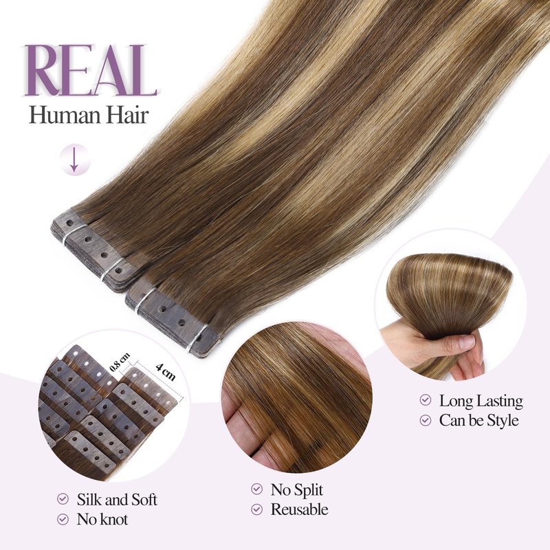 FANCEE OVO Hair Extensions Remy Human Hair PU Holes Wefts with Micro Beads Highlight Honey Blonde Volume Upgrade Butterfly Seamless Weft Invisible Beaded Hair Extension with Tools(40g 20Pcs, 16 Inch)