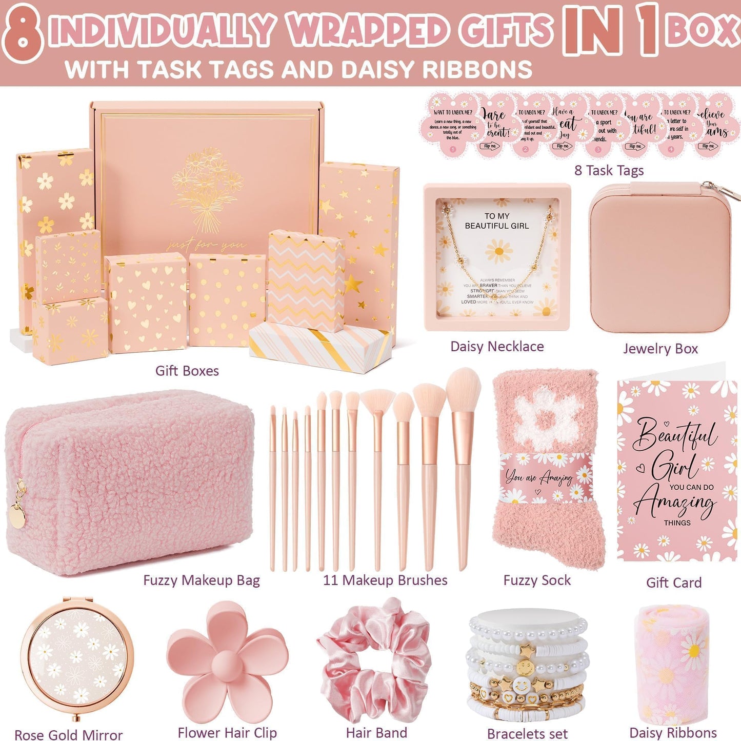 Easter Basket Gifts for Tween & Teen Girls, 8 PCS Birthday Gift Teenage Girl Gifts Trendy Stuff w/Fun Task Tag Makeup Brushes & Bag, Empower Positive Wrapped Gift Prefilled Stuffers for Daughter Niece