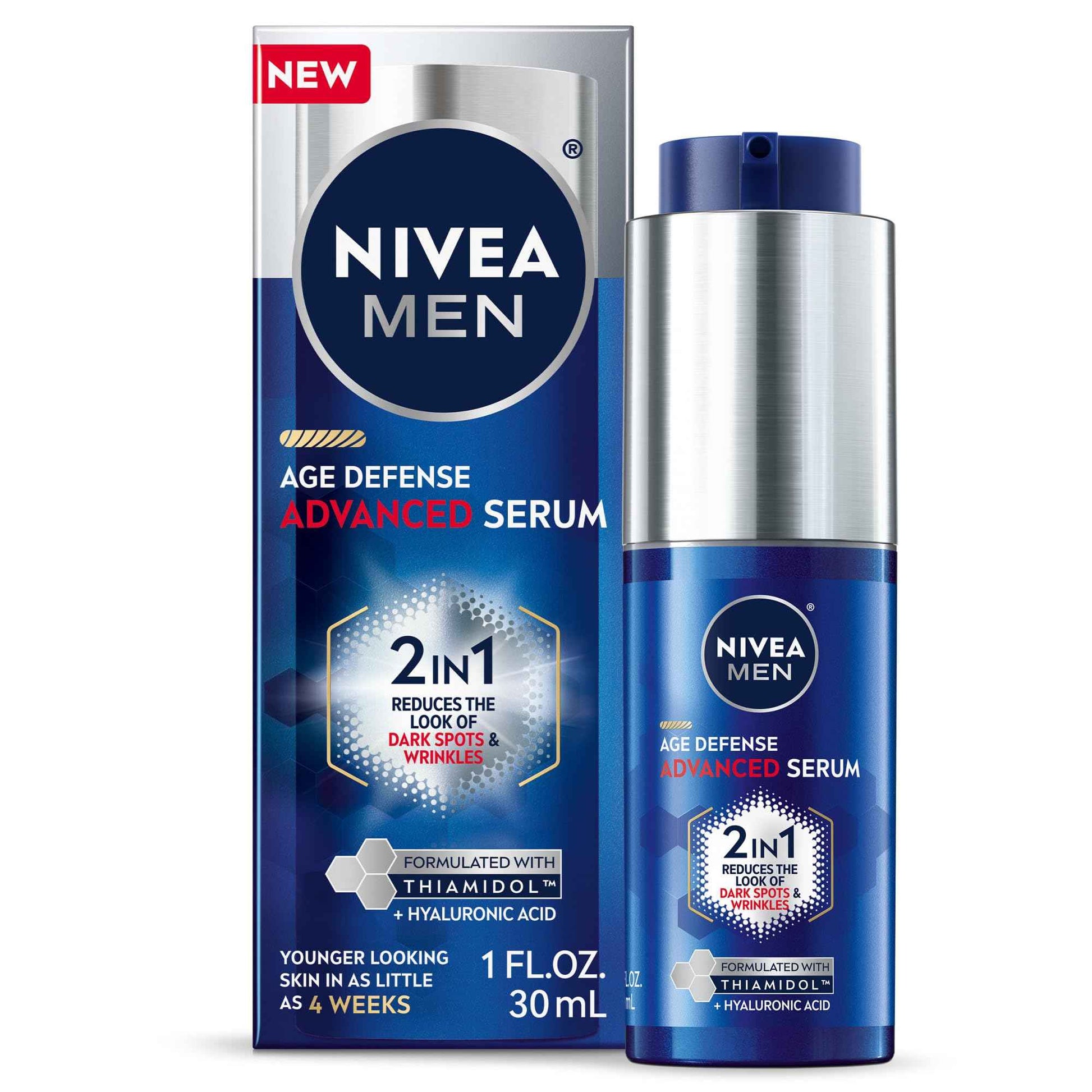 NIVEA MEN Age Defense Advanced Face Serum for Dark Spots with Thiamidol (TM) + Hyaluronic Acid, Fast-Absorbing Face Serum for Men Helps Reduce Look of Dark Spots, Fine Lines & Wrinkles, 1 Fl Oz Bottle