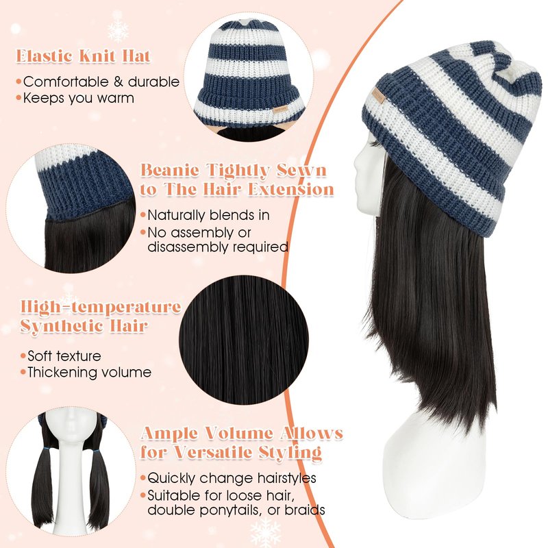 Benehair Beanie Wig Hair Extensions, Knitted Hats with Synthetic Bob Wig Hairpieces for Women Winter, 11 Inch Short Straight Dark Brown Hair with Blue & White Stripe Beanie