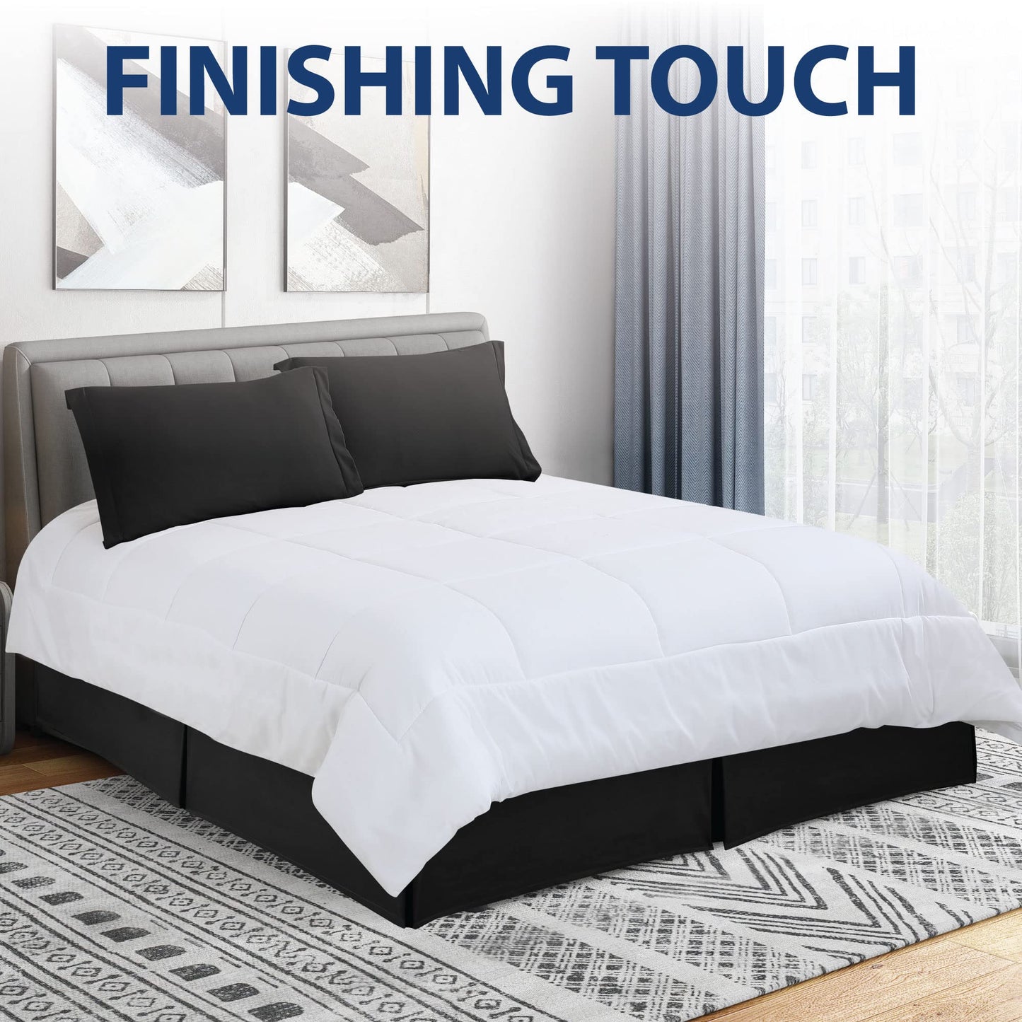 Cathay Home Double Brushed Microfiber Pleated Easy Fit Bed Skirt, Ultra Soft, Fade and Wrinkle Resistant - Black, Queen