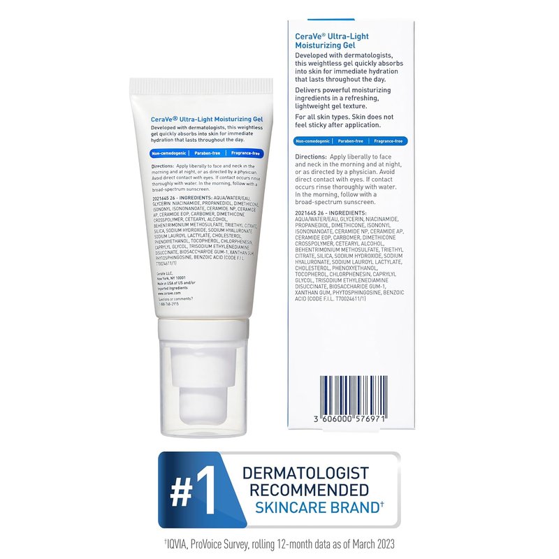 CeraVe Ultra-Light Moisturizing Gel - Hydrating Face Moisturizer with Ceramides & Niacinamide | 1.75 FL Oz