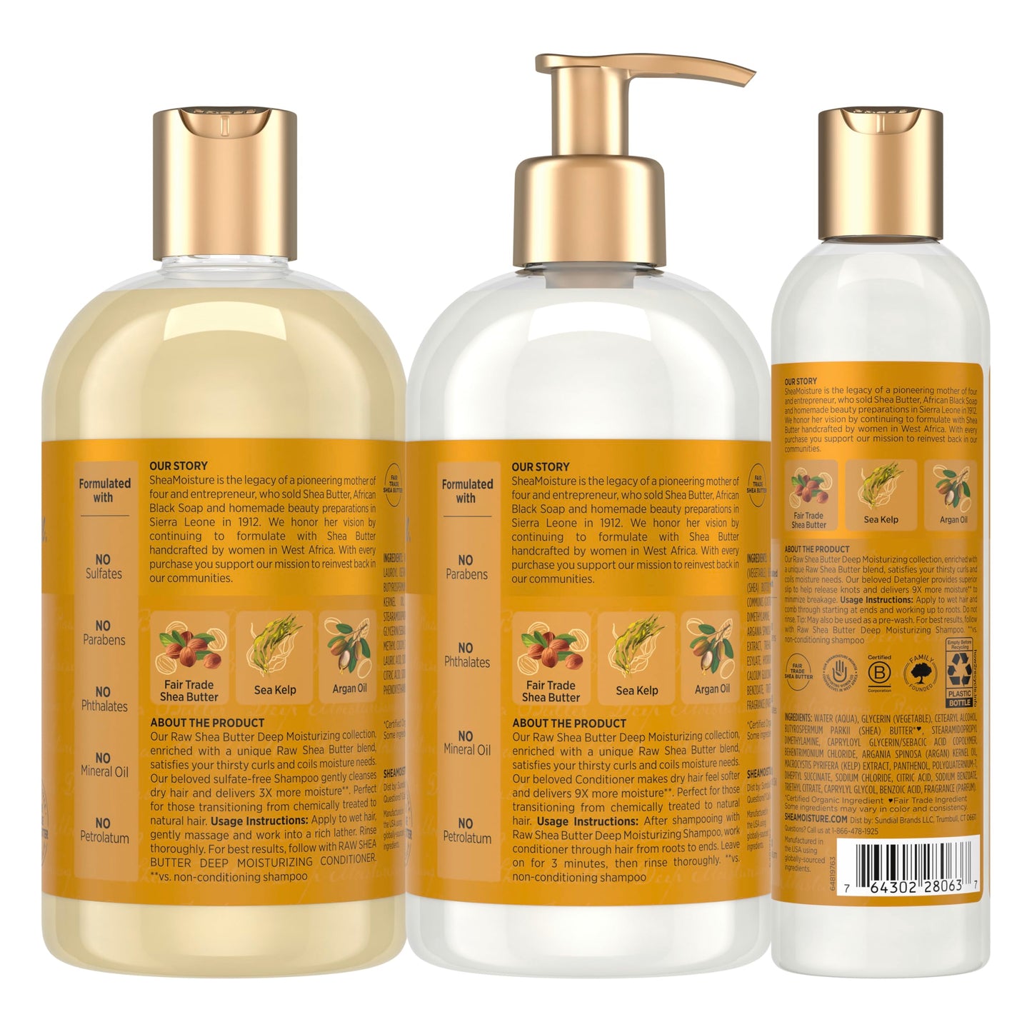 SheaMoisture Deep Moisturizing Hair Care 3 Count Raw Shea Butter For Curly, Dry and Damaged Hair Sulfate Free Shampoo and Conditioner, Hair Detangler with Sea Kelp and Argan Oil