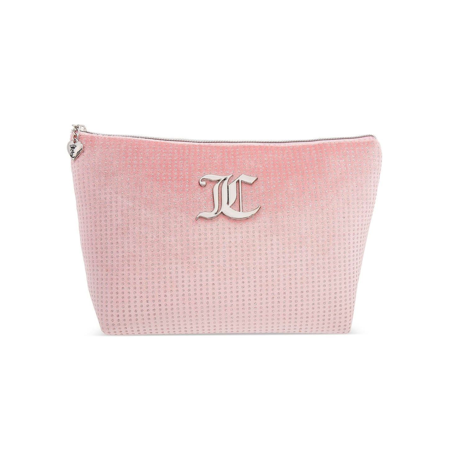 Juicy Couture Pink Makeup Bag Cosmetics Organizer Travel Essentials Zip Top Wedge Velour Glitter Dots