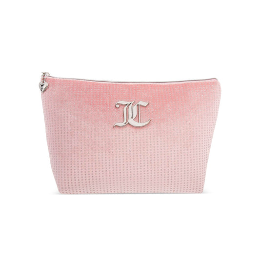 Juicy Couture Pink Makeup Bag Cosmetics Organizer Travel Essentials Zip Top Wedge Velour Glitter Dots
