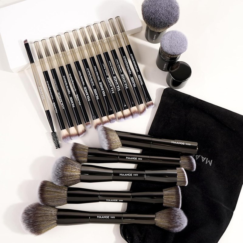 20 PCS Foundation Makeup Brush Set - Double-Ended Kabuki Contour Brushes for Liquid & Powder Blending | Black