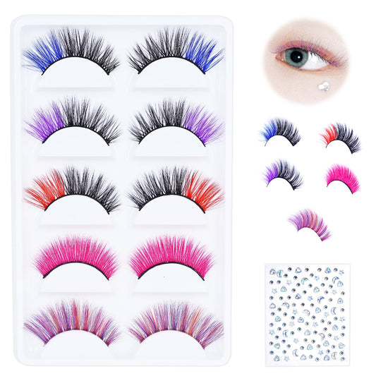 AMilHiTon Halloween Lashes Colored Eyelashes, 5 Pairs Colorful Eyelashes Faux Mink Blue Pink Red Purple Black for Costumes Parties Festivals Cosplay（8233 Mixed）