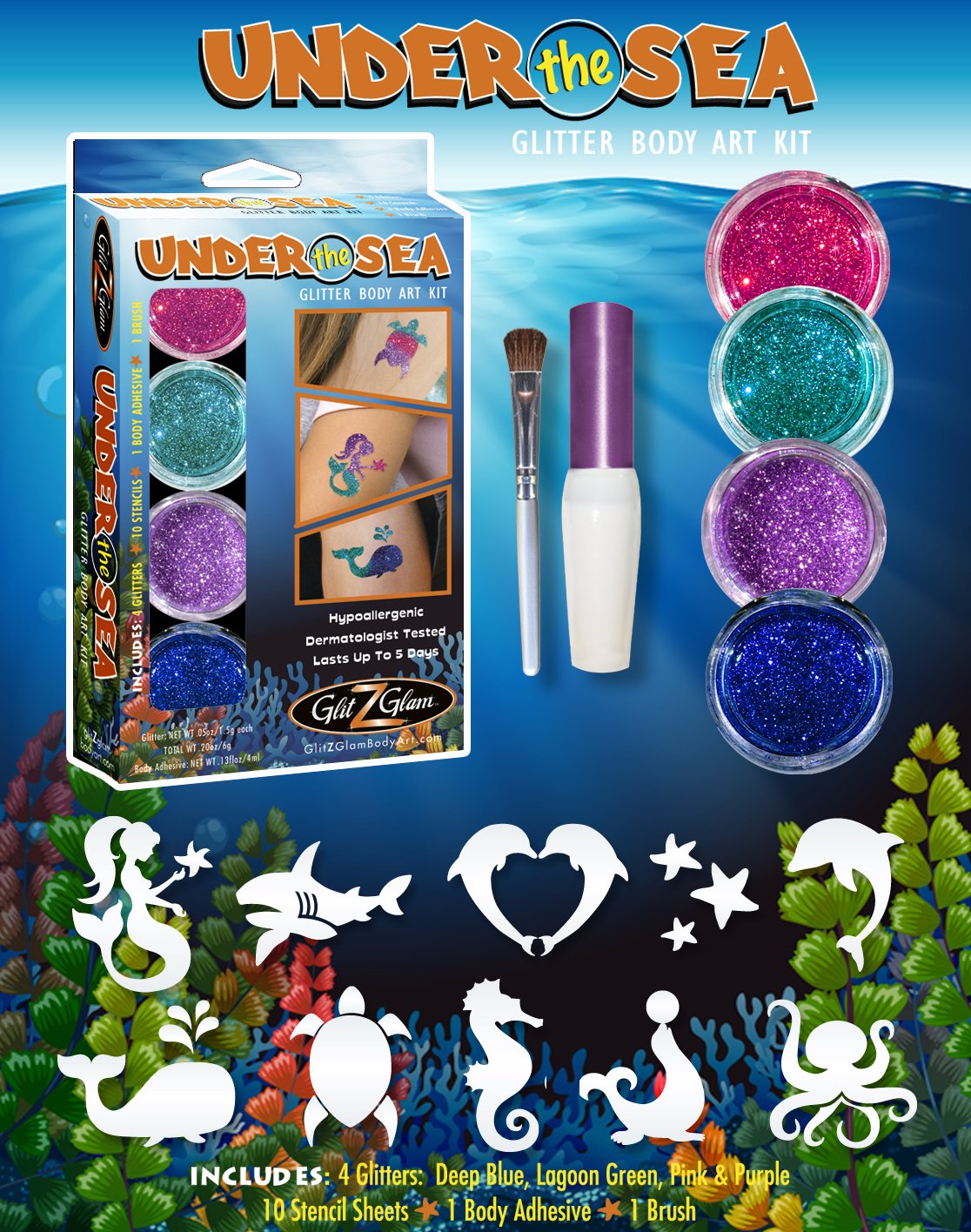 Under the Sea Glitter Tattoo Kit - Temporary Tattoos & Body Art Multicolor