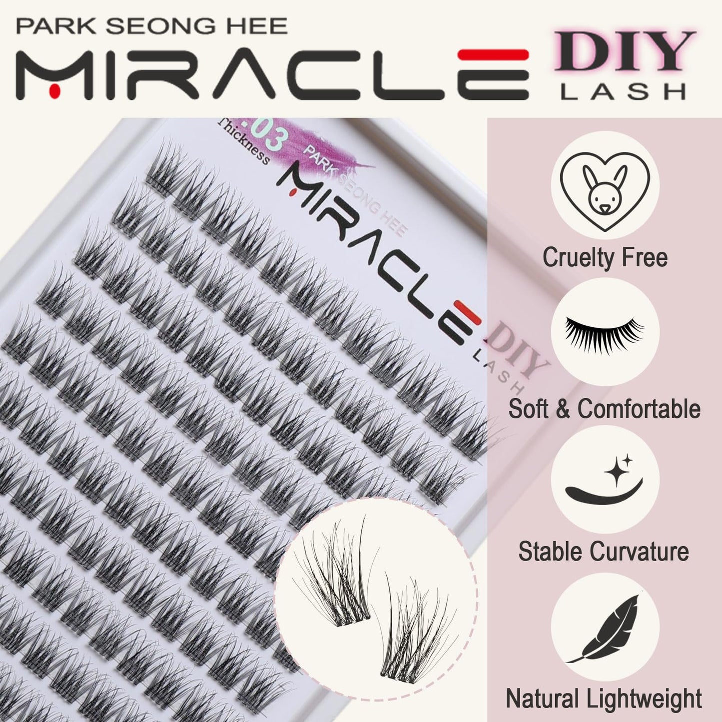 PARK SEONG HEE MIRACLE LASH DIY False Eyelashes, Lash Clusters, Lengthening Wisps 9mm-16mm Contact Lens Friendly, Easy to Apply, Reusable Strip Lashes (E5-280, 16mm) Thickness 0.03mm Lash Clusters