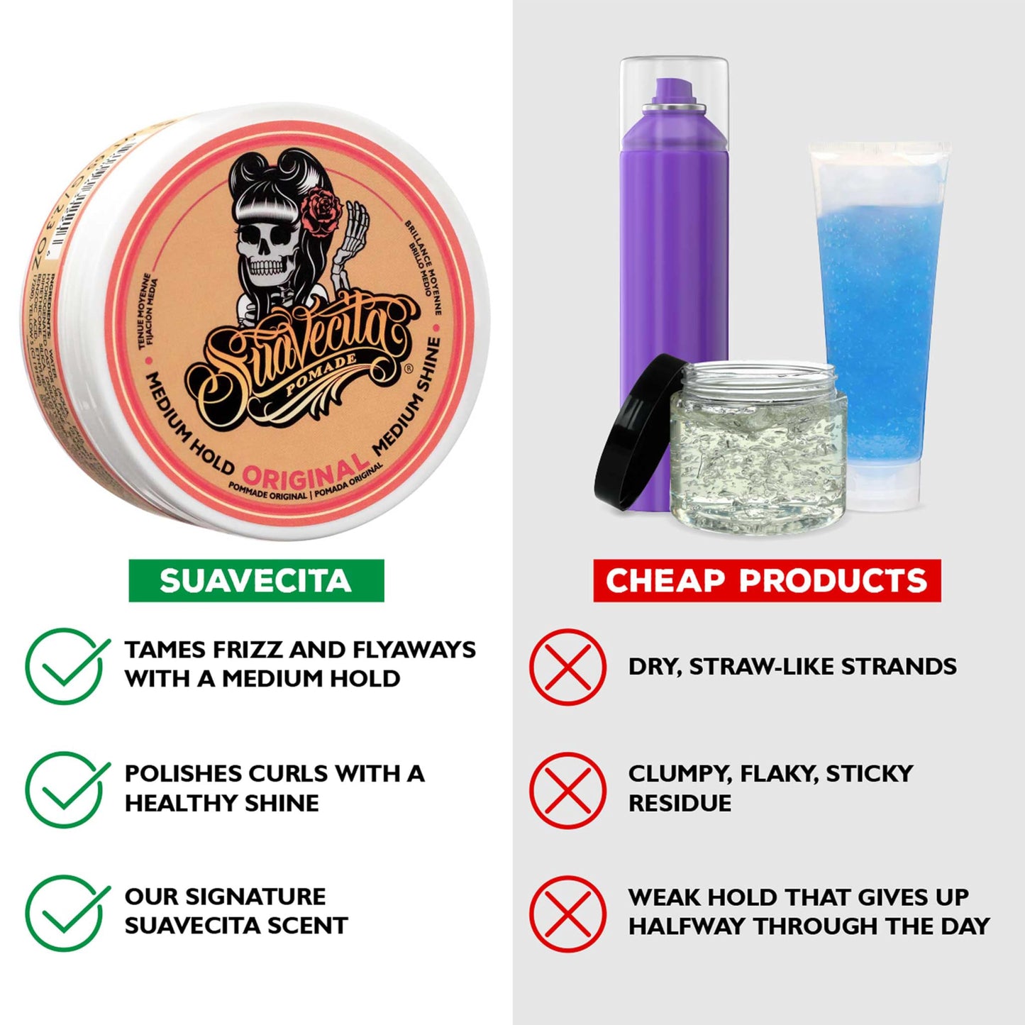 Suavecita Pomade for Women 2.3 oz Can - Medium Hold, High Shine, Water Based, Wax Like Flake Free - All Day Hair Free Gel Hairstyles Easy to Wash Off