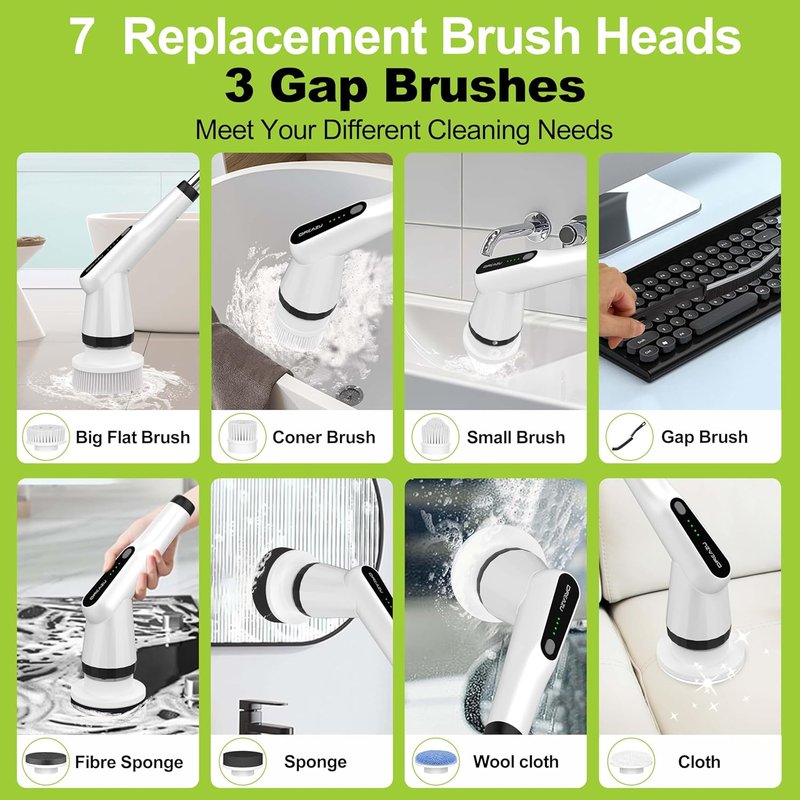 Electric Scrubber Brush - IPX7 Waterproof Cleaning Tool with 7 Replaceable Heads & Adjustable Handle | 2-Speed Spin Function