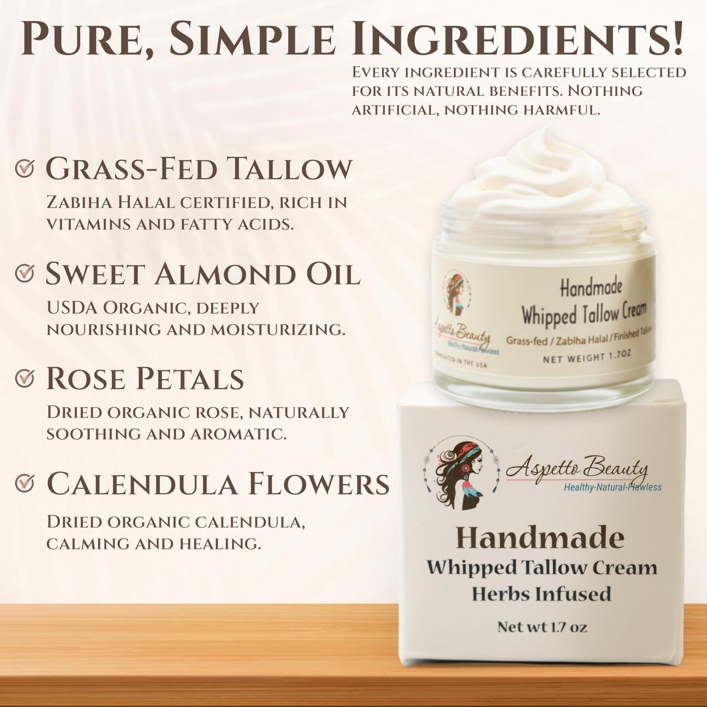 aspetto beauty 100% Whipped Grass Fed Beef Tallow for Skin, Face and Body – Natural Tallow Face Moisturizer, Organic Cream with Sweet Almond Oil – 1.7 oz. (Unscented/Herb-Infused)