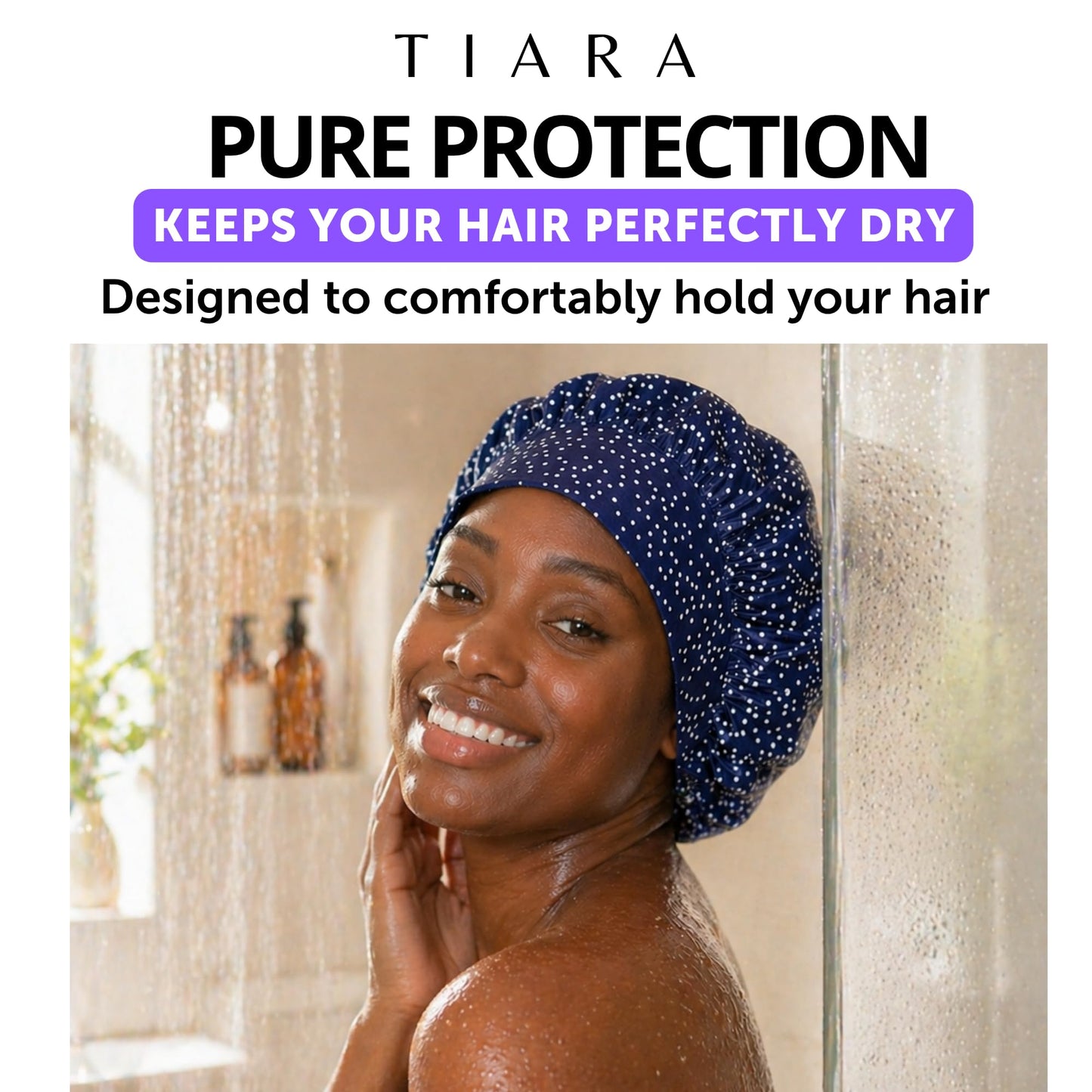 TIARA Reversible, Reusable, Waterproof Shower Cap – Large Shower Cap for Long. Short, Braided, or Thick Hair, Reversible Deep Conditioning Hair Cap, Soft Terry Lined, Machine Washable (Black Dots)