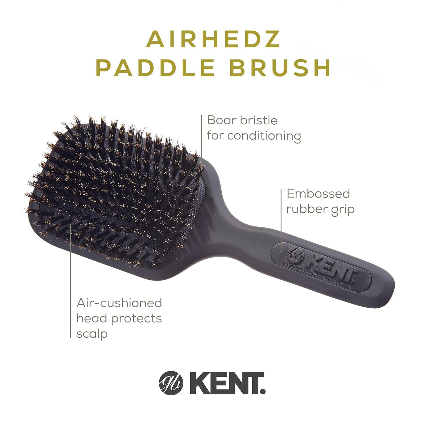 Kent AH13G Airhedz Pro Pure Bristle Paddle Brush - Medium Grey Detangler for Curly, Thick & Wet Hair