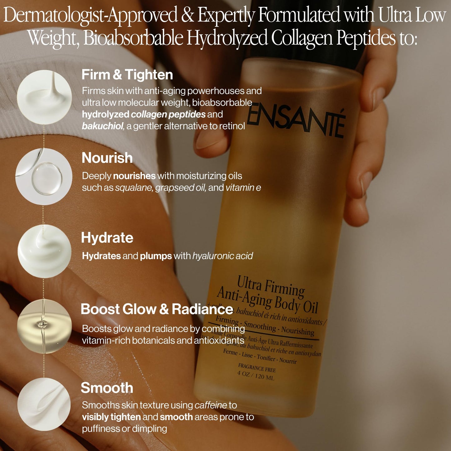 ENSANTÉ Body Firming Oil with Collagen Peptides, Cellulite Massage Oil, Body Glow Oil, Firming Body Oil for Women, Unscented Body Oil for Skin Tightening & Smoothing, Fast Absorbing, Non Greasy