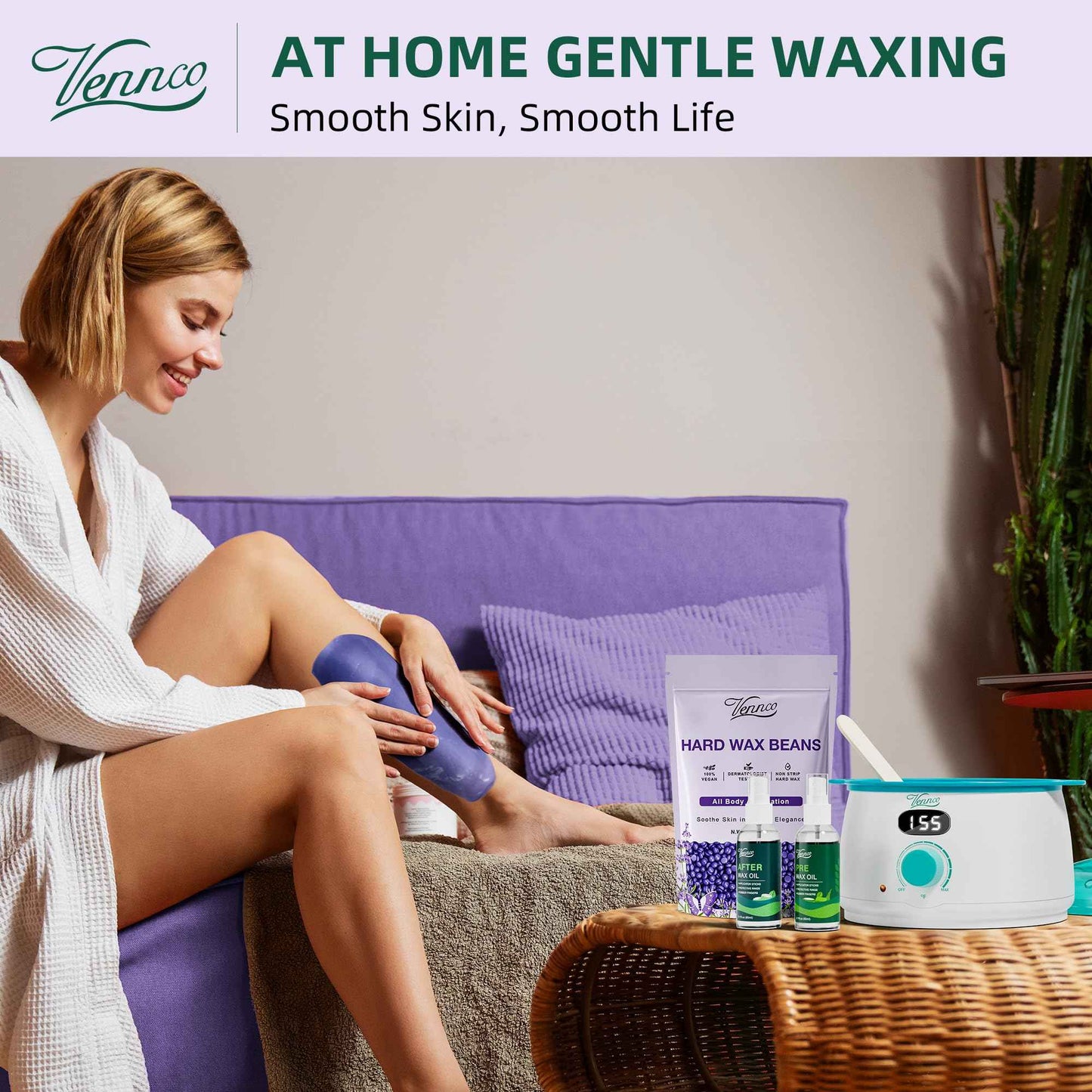 VENNCO Hard Wax Beads, 1lb Wax Beans with Lavender Essence, Gentle on All Skin Types, Suitable for Legs, Back, Chest, and Bikini, Waxing Beads Refill for Easy Hair Removal at Home