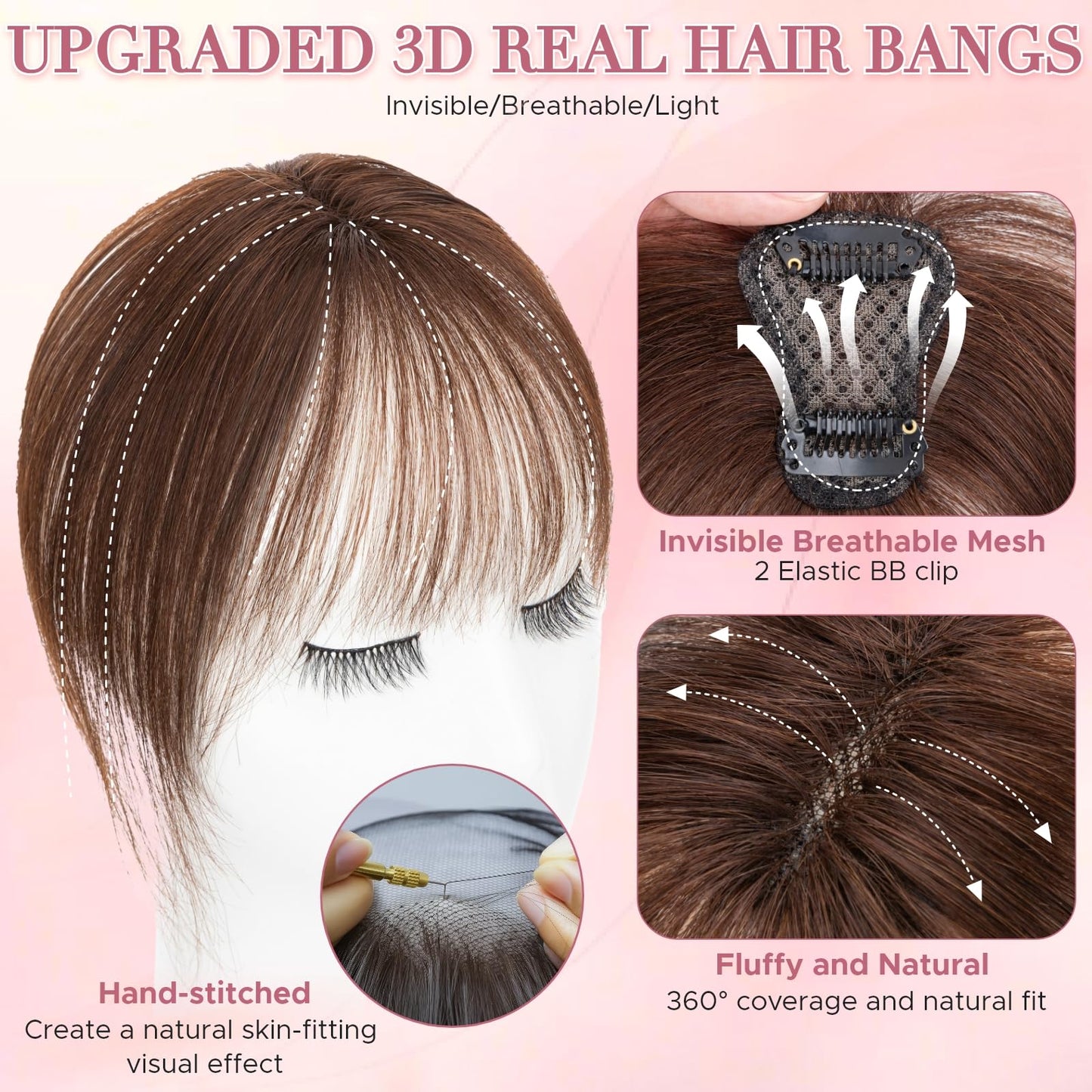 SEGO SEGOHAIR Clip in Bangs Hair Toppers for Women Real Human Hair, 360°3D Wispy Bangs for Thinning Hair Daily Wear (02, Dark Brown)
