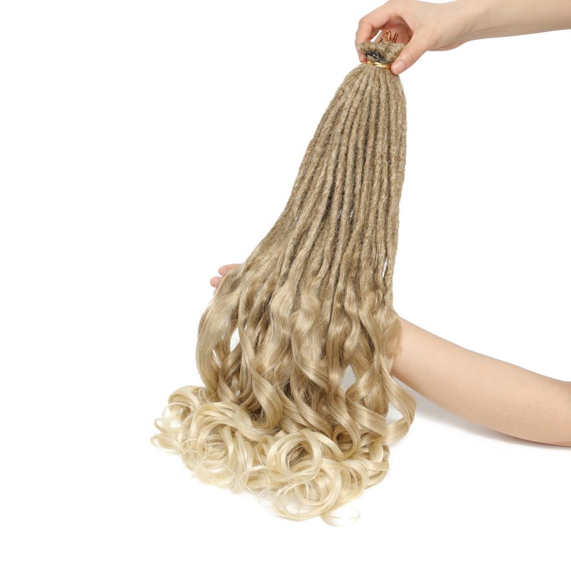 BUFENGSUN French Curly Dreadlocks Synthetic Single Ended Dreadlock Extension with Loose Wave Ends 24inches 50 Strands Thin Soft French Curly SE Dread Extensions for Women (27/613,50 strands)