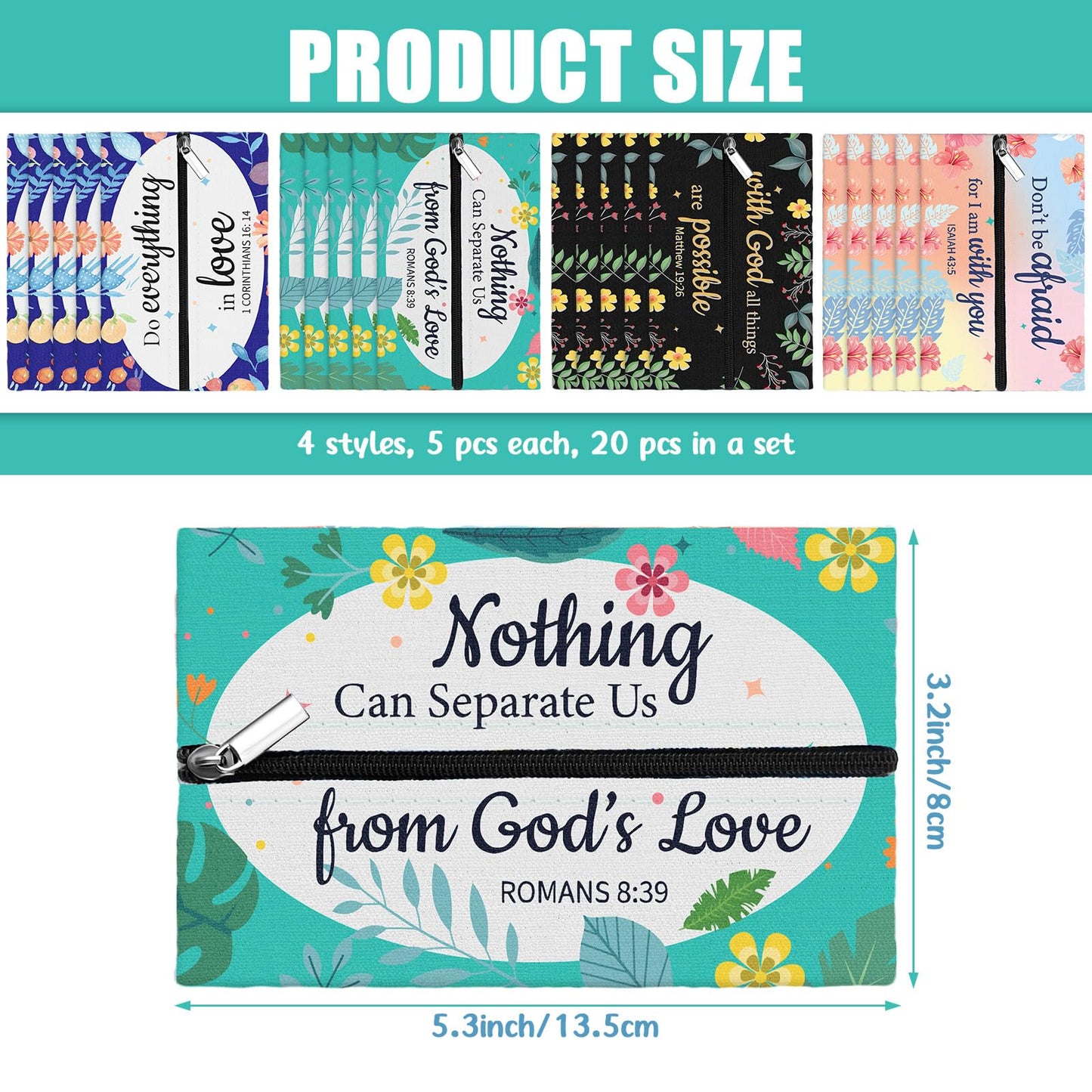 Zhanmai 20 Pcs Christian Inspirational Bible Verse Floral Tissue Holders Bulk Reusable Travel Pouch Church Mothers Day Gifts for Women Christian Employee Appreciation Gifts Bulk Secretary's Day
